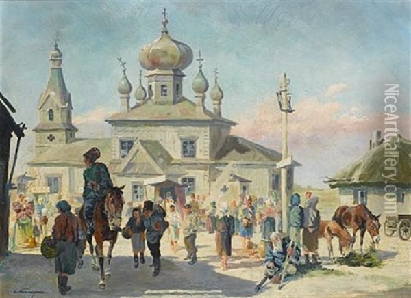 Gathering At The Church Oil Painting - E. Schwendtner