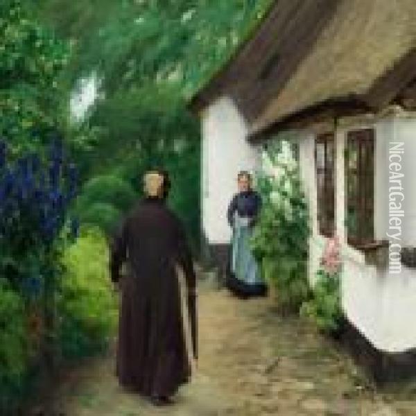 Two Women I Front Of A Cottage On A Summer Day Oil Painting - Hans Anderson Brendekilde