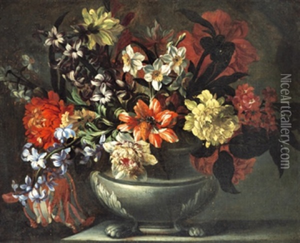 Blumenstraus In Einer Steinernen Vase Oil Painting - Jean-Baptiste Monnoyer