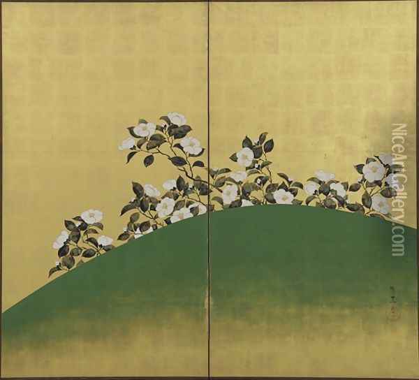 Camelias Edo period Oil Painting - Suzuki Kiitsu