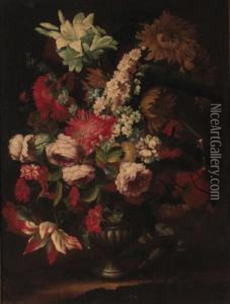 Irises, Sunflowers, Roses, Carnations, Morning Glory, Tulips Andother Flowers In An Urn Oil Painting - Karel Van Vogelaer, Carlo Dei Fiori