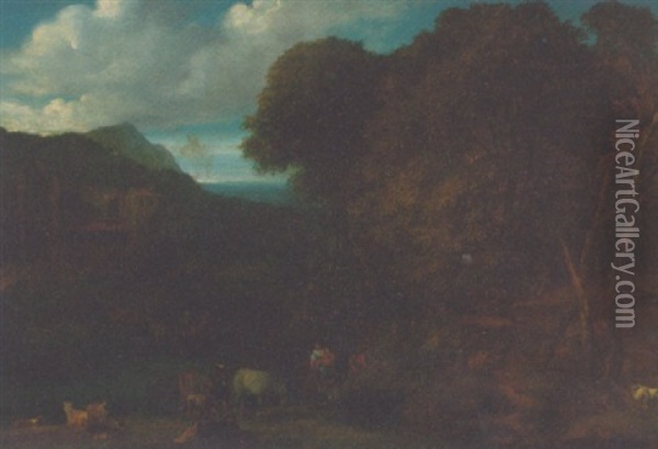 A Wooded River Landscape With Peasants On A Track, A Ruin Beyond Oil Painting - Jan Baptiste Huysmans