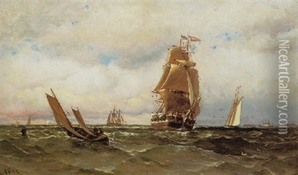 Several Ships At Sail With A Distant Lighthouse Oil Painting - Henry Chase