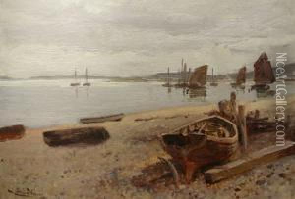 Fishing Boats In An Estuary Oil Painting - Julius Hare