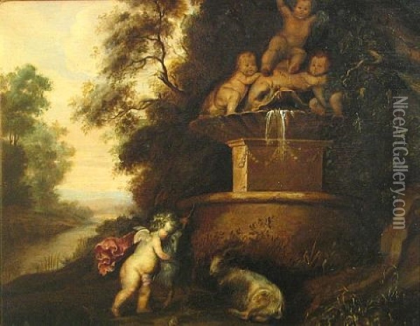 A Putto Playing With A Goat Before A Fountain Oil Painting - Petrus Van Hattich