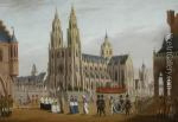 Kronungszug Karls Vii. Vor Der Kathedrale Zu Reims. Oil Painting - Francois J. Deutsch