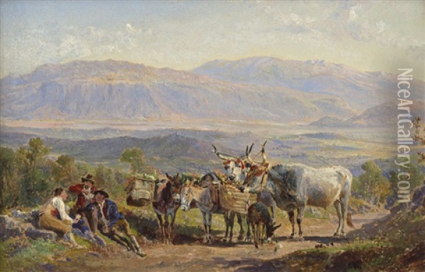 Rastende Bauern Mit Geschmuckten Buffeln Und Mauleseln In Einer Campagnalandschaft Oil Painting - Johann Jakob Ulrich