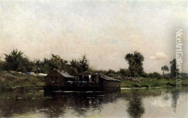 A Houseboat On A River Oil Painting - Adrien Jacques Sauzay