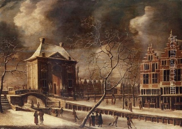 The Heiligewegspoort, Amsterdam, From The North-east In Winter, With Skaters On The Frozen Canal Oil Painting - Abraham Beerstraten