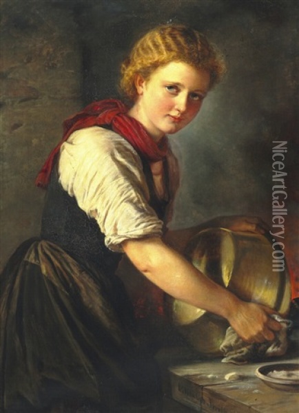 Young Girl Polishing A Copper Pot Oil Painting - Elisabeth Anna Maria Jerichau-Baumann