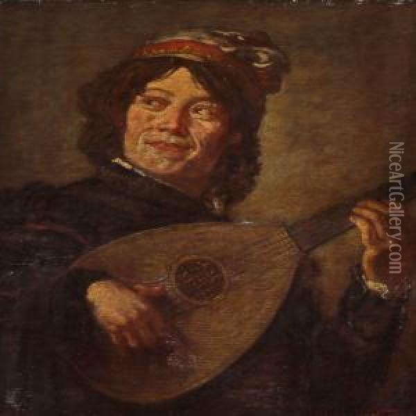 Buffoon Playing A Lute Oil Painting - Walter Herbert Roe