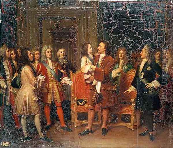 Louis XV 1710-74 Visiting Peter I 1672-1725 the Great at lHotel de Lesdiguieres Oil Painting - Louise Marie Jeanne Hersent