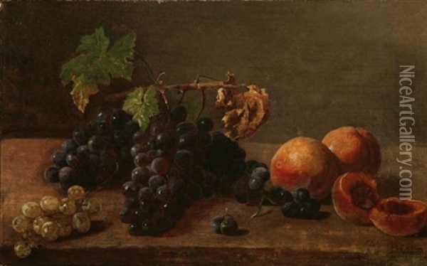 Still Life Depicting Peaches And Grapes Oil Painting - William Hahn