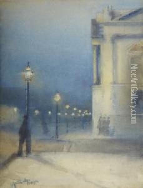 Night Scene Near Customs House, Cork Oil Painting - Harry, Harold Scully