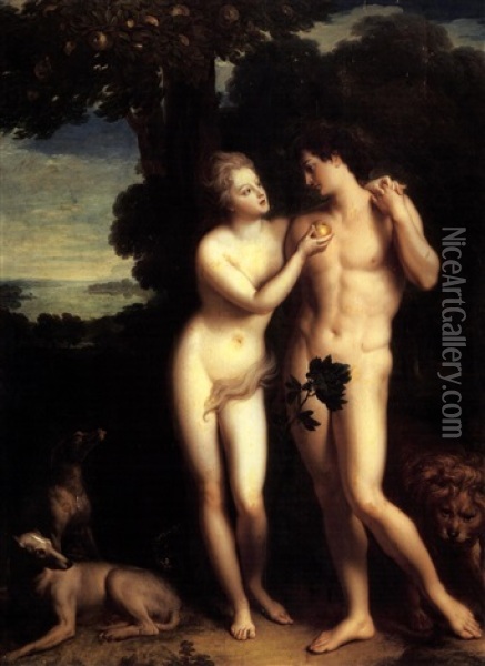 Philippe Duc D'orleans And His Mistress Madeleine De La Vieuville As Adam And Eve In The Garden Of Eden Oil Painting - Jean-Baptiste Santerre