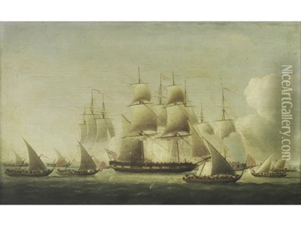 A Pair Of Naval Scenes Depicting The Fight Of The Ranger Oil Painting - Thomas Buttersworth