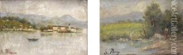 Paesaggio Lacustre; Contadina Sull'argine Del Fiume Oil Painting - Silvio Poma