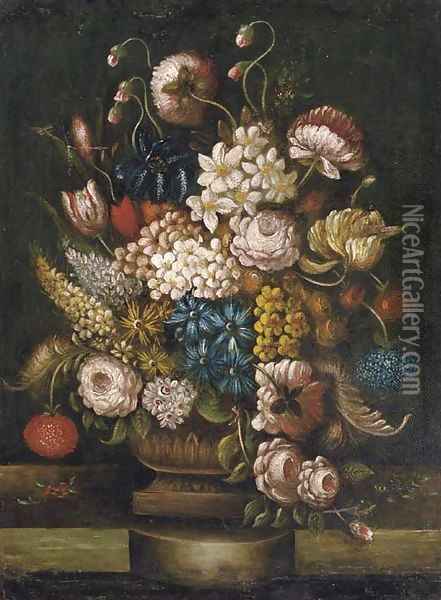 Tulips, roses, lilac, peonies and other flowers in an urn, standing on a ledge Oil Painting - Dutch School
