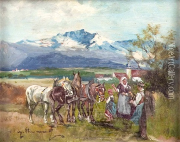 Bauernfamilie Und Pferde Am Feldrand Oil Painting - Georg Hemmrich