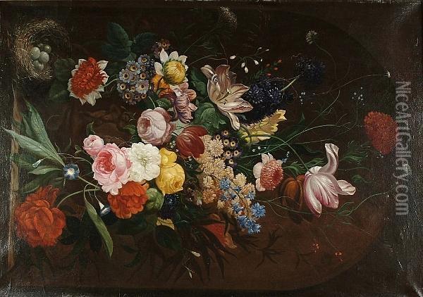Roses, Carnations, Tulips 
Narcissi And Other Flowers In A Sculpted Urn On A Ledge With A Bird's 
Nest Oil Painting - Jan van Os