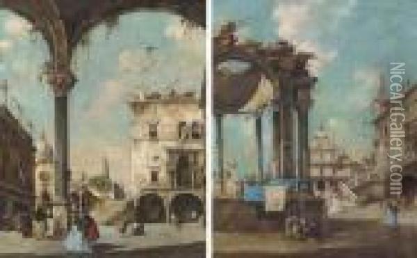 Elegant Figures Beneath Arches; And Figures By A Fountain In Asquare Oil Painting - Francesco Guardi