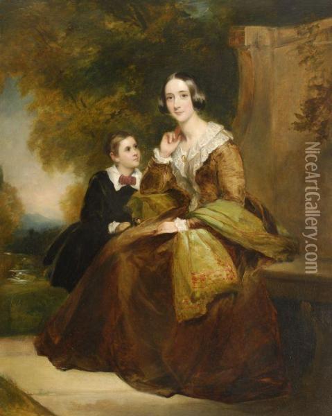 Portrait Of A Lady And Her Son In A Park Oil Painting - Richard Buckner