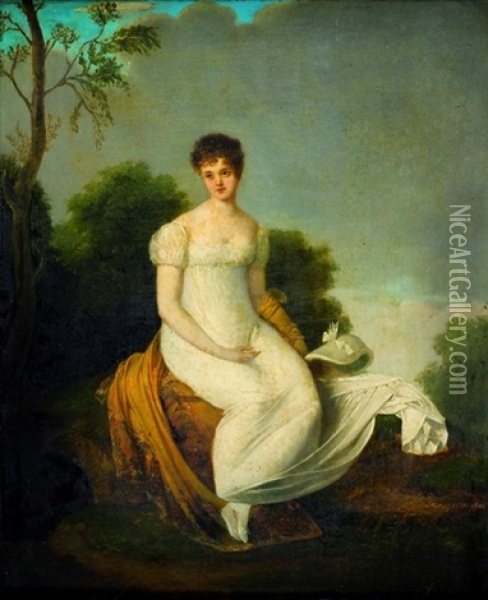 Portrait De Jeune Femme En Robe Blanche Dans Un Paysage Oil Painting - Jean Baptiste Mauzaisse