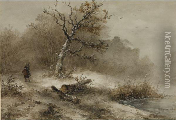 A Woodman In A Snow Covered Forest Oil Painting - Johannes Franciscus Hoppenbrouwers