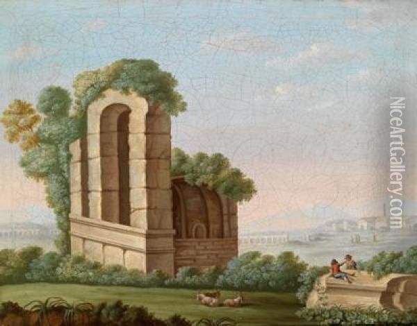 Umkreis Weite Landschaft Mit Romischen Ruinen Und Einem Aquadukt Oil Painting - Jacob Philipp Hackert