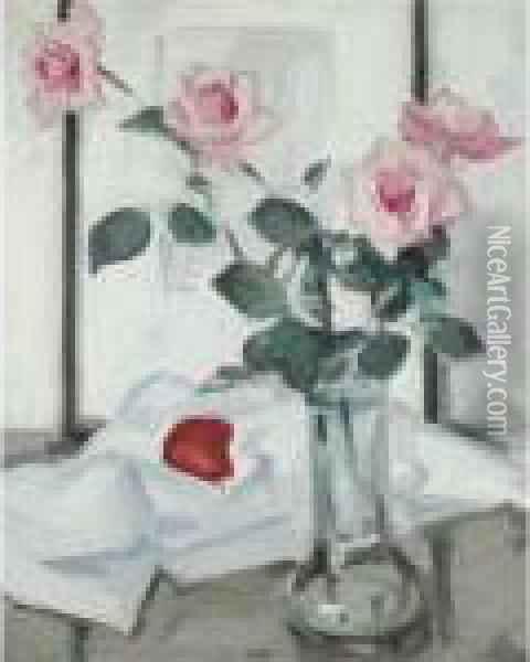 Still Life Of Pink Roses In A Glass Vase Oil Painting - Samuel John Peploe