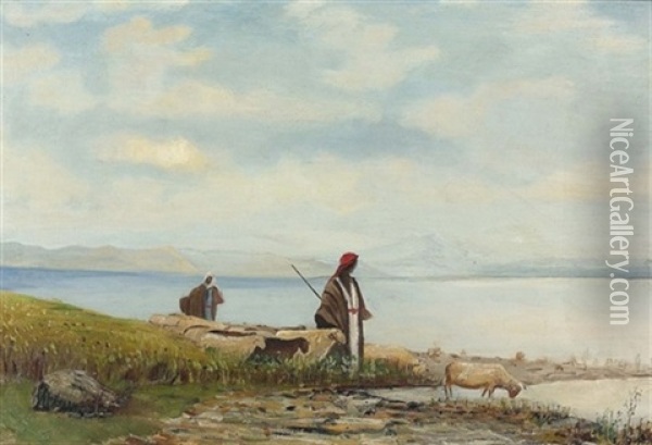 Arabische Hirten Mit Schafen Am See Oil Painting - Etienne Duval
