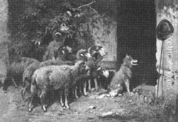 Neugierig Schauen Schafe Und Ein Hund In Die Geoffnete Stalltur Oil Painting - Otto Friedrich Gebler
