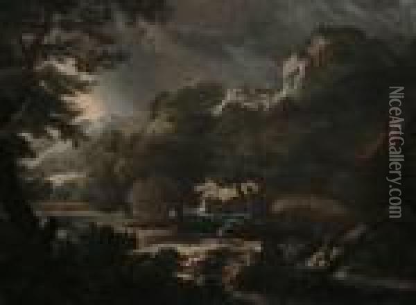 An Italianate Landscape With A Figure Sheltering From A Storm Oil Painting - Gaspard Dughet Poussin
