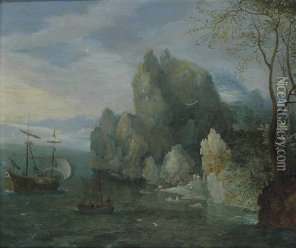 A Rocky Coastal Landscape With Figures On The Shore And A Moored Galley Oil Painting - Carel Liefrinck