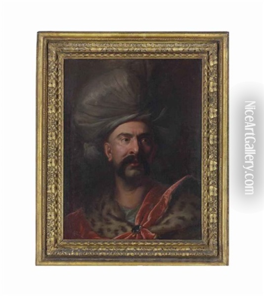 Portrait Of A Man, Bust-length, In A Fur-lined Cape And Turban Oil Painting - Johann (Jan) Kupetzki