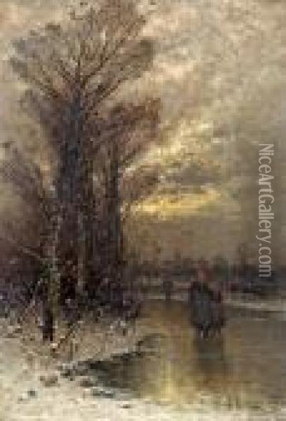 Abendliche Winterlandschaft Oil Painting - Johann Jungblutt