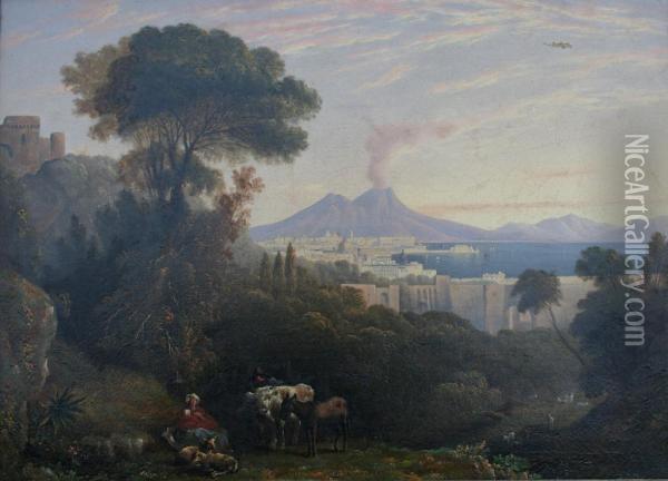 A View Of The Bay Of Naples With Vesuvius Beyond Oil Painting - William Linton