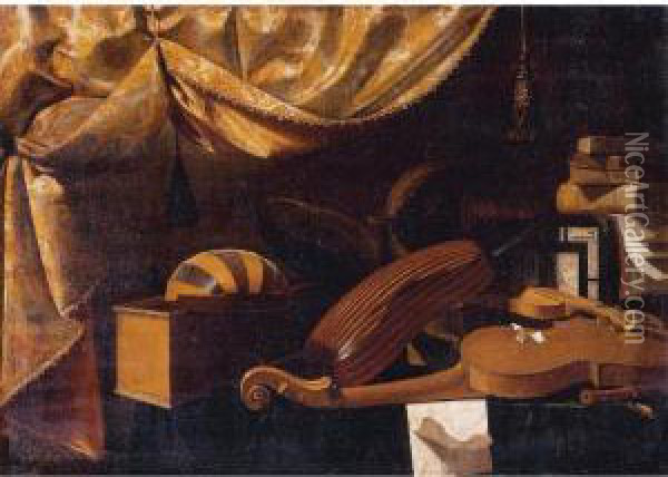 Still Life Of Musical Instruments And Books All Resting On A Table Oil Painting - Bartolomeo Bettera