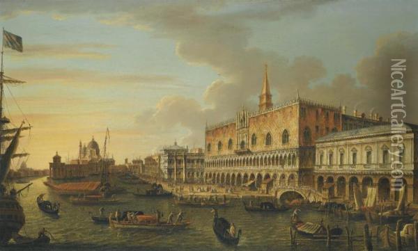 The Molo, Looking West, With The Ducal Palace And The Prison Oil Painting - (Giovanni Antonio Canal) Canaletto