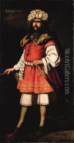 Portrait Of King Almanzor, 
Full-length, In A Red Tunic And Fur Cape, A Sword In His Left Hand Oil Painting - Francisco De Zurbaran