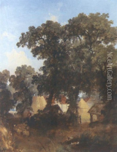 Herding The Sheep By The Farmstead Oil Painting - William James Mueller
