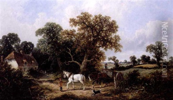 A Horse-drawn Cart Near A Cottage Oil Painting - James E. Meadows