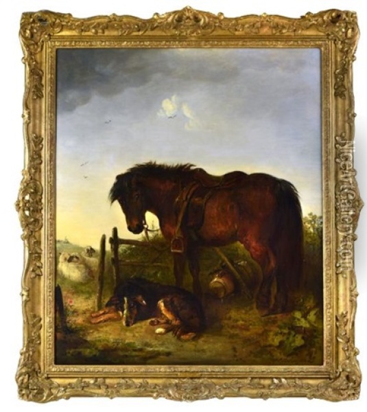 A Dark Bay Highland Pony And A Collie In A Landscape Oil Painting - Edward Robert Smythe