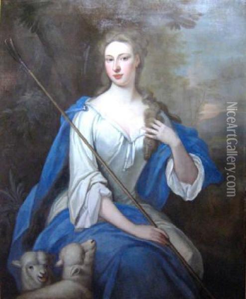 Portrait Of A Lady With Sapphire Locket And Lambs Oil Painting - Sir Godfrey Kneller