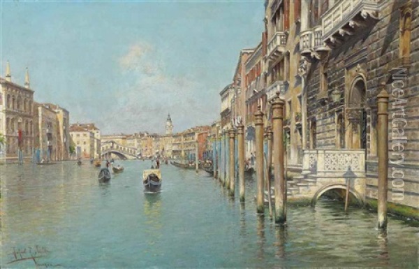 On The Grand Canal, The Rialto Bridge Beyond, Venice Oil Painting - Rafael Senet y Perez