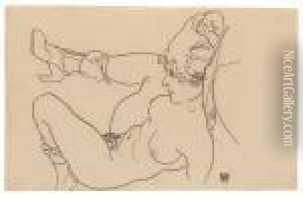 Liegender Akt Mit Angezogenem Rechten Bein Oil Painting - Egon Schiele
