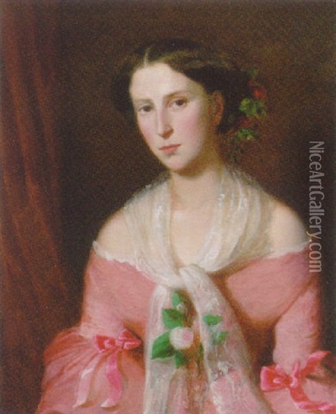 Potrait Of A Young Lady In A Pink Dress And A Lace Shawl Oil Painting - Johann Rudolf Koller