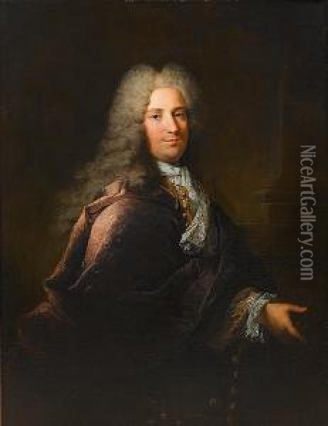 Portrait Of A Gentleman, 
Three-quarter-length, In A Purple Coat And A Blue And Gold Brocade 
Waistcoat, Standing Before A Column Oil Painting - Robert Tournieres