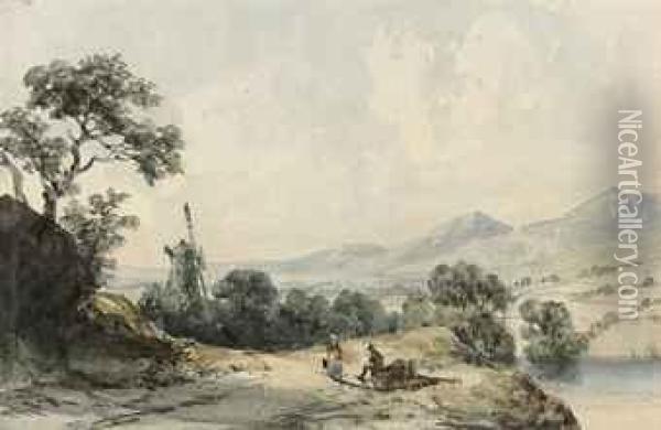 A Windmill In Cumberland With Two Figures Resting In Theforeground Oil Painting - Francois Louis Thomas Francia