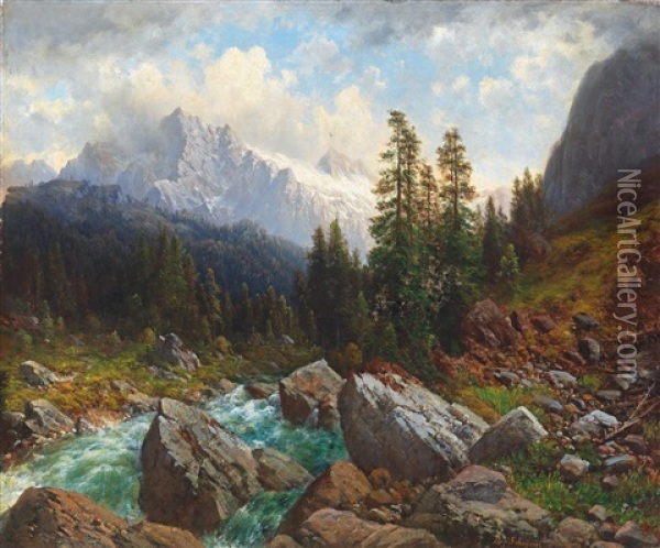 Mountain Torrent With A Storm Brewing In The Mountains Oil Painting - Josef Schoyerer